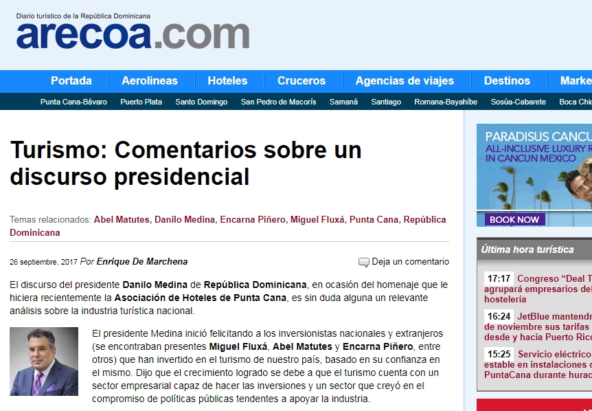 , Nuestro Socio Enrique de Marchena firma en Arecoa un artículo sobre turismo